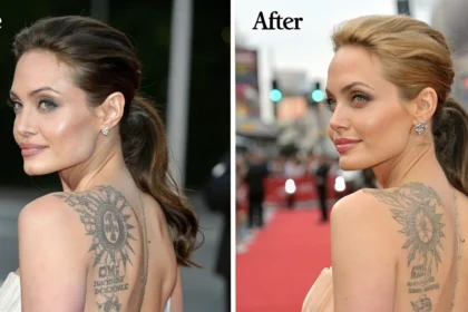 A split-screen image showing a celebrity lookalike before and after laser tattoo removal, with a visible tattoo faded to clear skin.