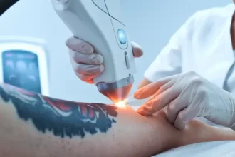 A realistic close-up of a professional using an advanced laser device for tattoo removal on a patient’s skin in a medical clinic.