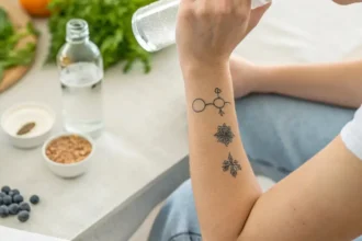 A realistic image showing a person following healthy habits to speed up tattoo removal, including hydration, nutrition, and skincare.