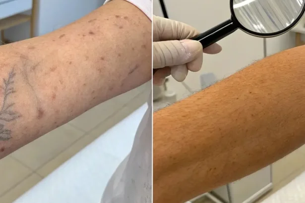 A comparison image of skin immediately after tattoo removal versus fully healed skin, showing the effects and recovery process.