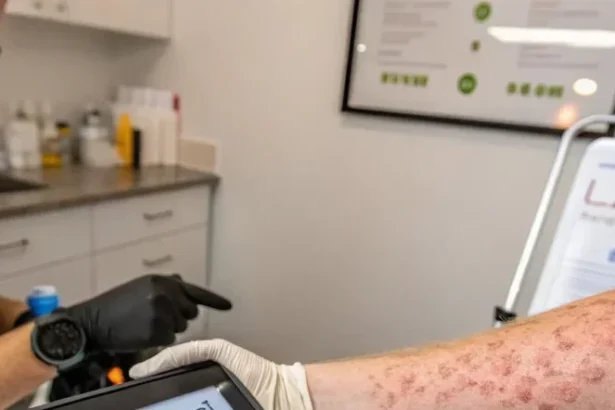 A close-up of irritated skin after laser tattoo removal, with a technician reviewing safety warnings in a clinical setting.