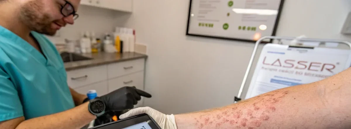 A close-up of irritated skin after laser tattoo removal, with a technician reviewing safety warnings in a clinical setting.