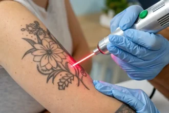 Comparison of laser tattoo removal and AI skin regeneration on a patient's arm, showcasing medical technology advancements.