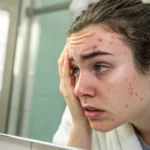 Close-up of a person with uneven, irritated eyebrows after a microblading removal attempt.
