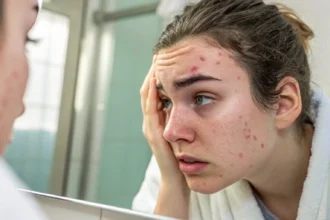 Close-up of a person with uneven, irritated eyebrows after a microblading removal attempt.