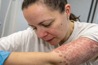 Close-up of skin post-first tattoo removal session showing redness and fading ink.