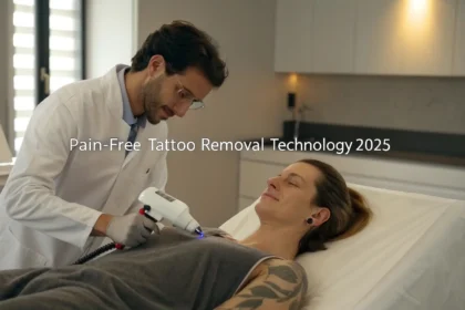 A patient experiencing painless tattoo removal with a futuristic laser device in a modern clinic setting.