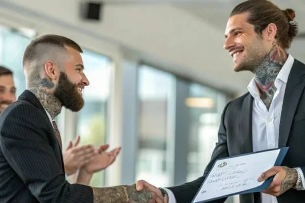 A professional receiving laser tattoo removal on their forearm to improve career advancement opportunities, in a clinical setting.