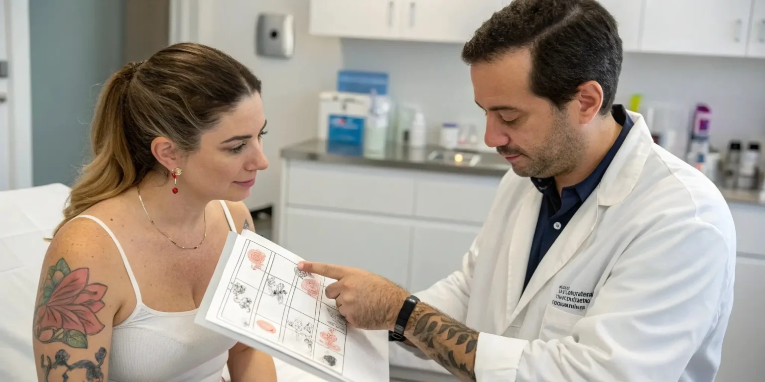 A dermatologist explaining tattoo removal care to a patient with a faded tattoo ink in a clinic.