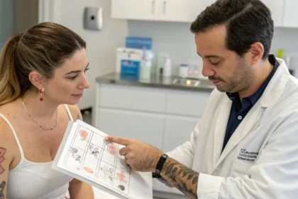 A dermatologist explaining tattoo removal care to a patient with a faded tattoo ink in a clinic.