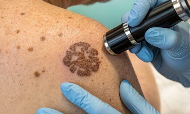 A clinical, realistic image showing different types of skin cancer on various skin tones, highlighting the importance of early detection and screening.