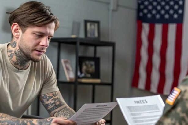 A tattooed man speaking with a military recruiter, reviewing enlistment documents in a professional recruitment office.