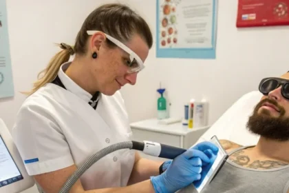 A person undergoing painless tattoo removal using advanced laser technology with numbing and cooling techniques in a clinical setting.