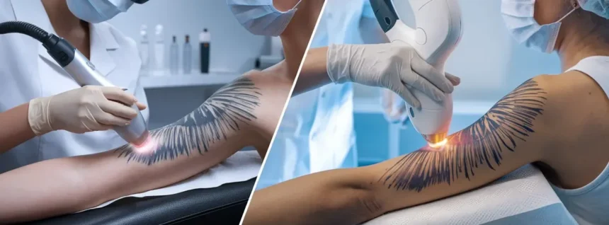 A side-by-side comparison of PicoWay and PicoSure laser tattoo removal treatments, showing different laser applications in a medical clinic.