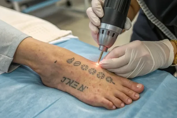 A detailed image showing laser tattoo removal on a person's foot, with redness and a subtle expression of pain during treatment.