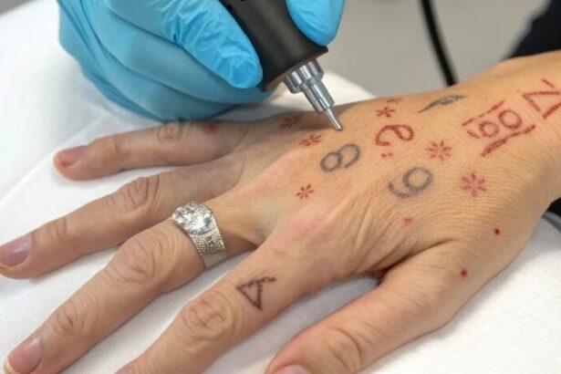 A close-up of fingers with small tattoos undergoing laser removal, highlighting redness and the challenge of ink fading on difficult areas.